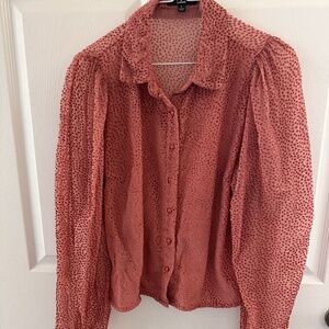 Pink Sear-Sucker Button-up Top Long Puffy Sleeves Size Large ~Super Cute~